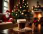 a coffee drink sitting on a table with a tree and santa nearby